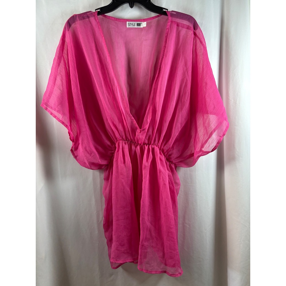 Style 101 Hot Pink Sheer Chiffon V-Neck Swim Cover Up Dress OS Barbiecore Mini